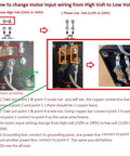 Motor wiring guide for 1/8 HP motor; shows terminal blocks, copper links, and grounding cues.