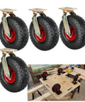 Built Tough 4 Pack Pneumatic Swivel Casters 8 Or 10 Inch Flat Free Rubber Wheels mounted on a workbench for heavy load mobility.