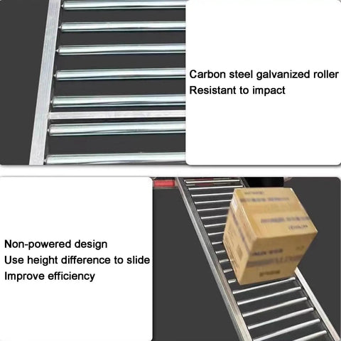 Light Duty Unpowered Roller Conveyor For Warehouses And Factories With Galvanized Steel Rollers Splicable Bucket Unloading Pulley And 30Cm To 120Cm Wide Durable Widths For Easy Material Handling, box sliding on rollers