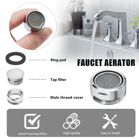 4 Pack Universal Faucet Aerators With 15/16 Male Thread For Fast Kitchen Sink And Bathroom Tap Replacements Heavy Duty Solid Brass Construction  close-up of faucet aerator components including filter and ring pad.