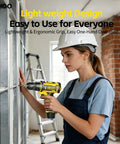 Woman using 12V Cordless Drill With Rechargeable Battery And Fast Charger Three Eighth Inch Keyless Chuck Lightweight Power Tool In Yellow.