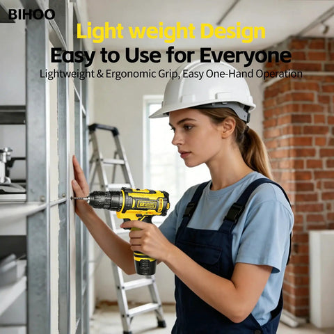 Woman using 12V Cordless Drill With Rechargeable Battery And Fast Charger Three Eighth Inch Keyless Chuck Lightweight Power Tool In Yellow.