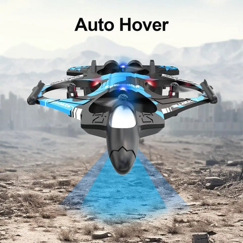 Kid Friendly RC Plane With Built In Controller Screen No Phone Needed Fighter Jet Drone Auto Hover For Easy Flying Camera On Board Great Gift For Boys Ages 8 To 12 Includes Two Batteries hovering over landscape