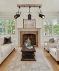Living room with Three Light Farmhouse Track Lighting Fixture In Black Wood Finish With Industrial Adjustable Heads