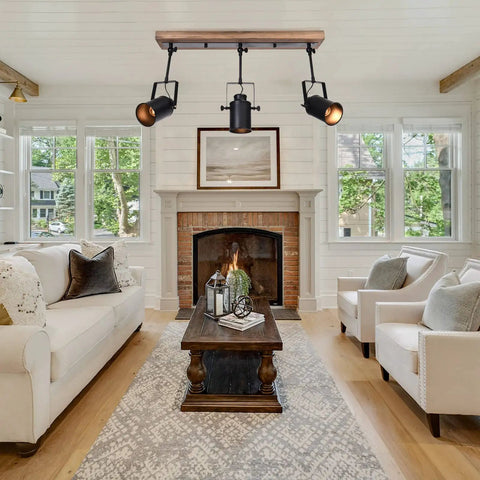 Living room with Three Light Farmhouse Track Lighting Fixture In Black Wood Finish With Industrial Adjustable Heads