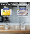 Portable Ice Maker Countertop Delivers Dual-Size Bullet Ice With Basket And Scoop shows small and large bullet ice cubes for drinks and food.