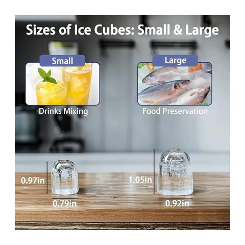 Portable Ice Maker Countertop Delivers Dual-Size Bullet Ice With Basket And Scoop shows small and large bullet ice cubes for drinks and food.