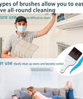 Image of a person cleaning an air conditioner filter with a fin cleaner set. Before and after effects of using cleaning brushes visible.