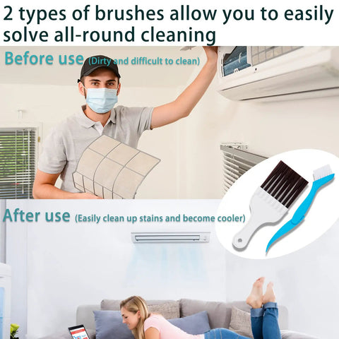 Image of a person cleaning an air conditioner filter with a fin cleaner set. Before and after effects of using cleaning brushes visible.