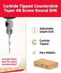 Heavy Duty Carbide Tipped Countersink Drill Bit With Killer 82 Degree Taper And 5/16 Inch Round Shank shown above wood with screws.