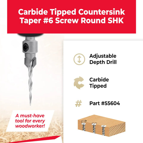 Heavy Duty Carbide Tipped Countersink Drill Bit With Killer 82 Degree Taper And 5/16 Inch Round Shank shown above wood with screws.