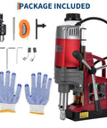 Heavy Duty Magnetic Drill Press With 1550W Motor, 1.57 Inch Capacity, 10 Speed Adjustable, shown with included accessories.