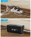 Before and after of Extra Large Cable Management Box With Phone Stand For Power Strips; cables organized in black box