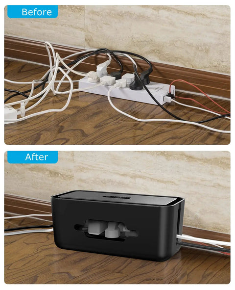 Before and after of Extra Large Cable Management Box With Phone Stand For Power Strips; cables organized in black box