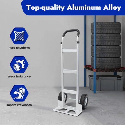 Aluminum Hand Truck Dolly With 9.84 Inch Pneumatic Tires Heavy Duty 500 Lb Capacity Platform Cart shown in warehouse