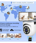 Dual Lens Indoor Wireless Security Camera Featuring Straight Up Crystal Clear Video And Kickass 360 Pan Tilt With Full Color Night Vision Smooth Dual Band WiFi Streaming And Legit Motion Tracking Alerts For Solid Home Protection, shown with phone app and world map.