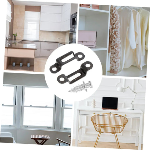 Invisible Furniture Connectors Set for Cabinets and Wardrobes showcased in a modern kitchen and workspace setting.