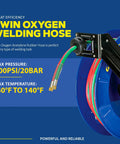 Retractable Welding Hose Reel With Twin Oxygen And Acetylene Rubber Hoses Heavy Duty Steel Arm Three Hundred PSI Rating