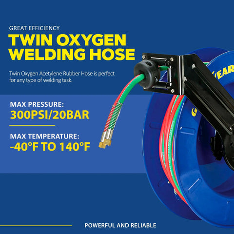 Retractable Welding Hose Reel With Twin Oxygen And Acetylene Rubber Hoses Heavy Duty Steel Arm Three Hundred PSI Rating