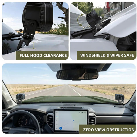 Heavy Duty Hole Free Ditch Light Brackets For 2024 2026 Toyota Tacoma And 2022 Plus Tundra With 2025 Plus 4Runner Hood Mount LED Pods, showing clear installation and unobstructed dashboard view.