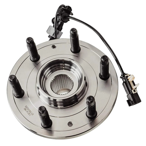 Front Wheel Bearing Hub Assembly 4WD For 2014-2018 Chevy Silverado 1500, 2015-2020 Suburban Tahoe, GMC Yukon XL, Cadillac Escalade, 2017-2019 XTS, ABS Included, 6-Lug Hub Replacement showing top view with ABS sensor cable