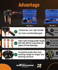 Pro Grade 55 In 1 Bearing Puller Tool Set For Shop And Home Garage Work Gripping Pulling Gears Bearings And Pulleys Featuring 9 Heads 3 Hooks Rods Plate Sleeve And Washers For Solid Grip Nails Your Repairs Quick Like A Real Tech Guru. 55-in-1 kit with blue case, 11cm puller disc, heat-treated steel parts.
