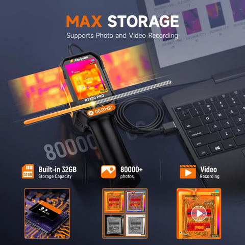 Pro-Grade Dual-Lens Thermal And Visible Imaging Camera With 640x480 Infrared And 2MP Visible Sensor, 32GB storage, connected to laptop.