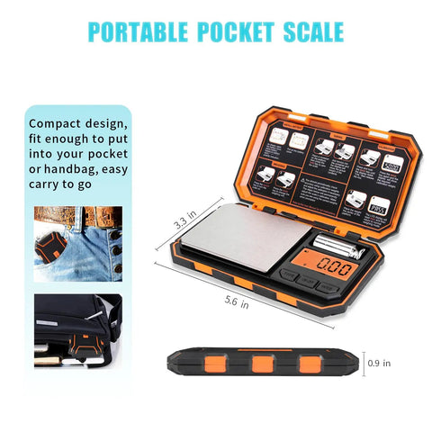 Digital Pocket Scale 0.05g To 500g Precision Scale For Jewelry, Coins, LCD Display open view with dimensions and features.