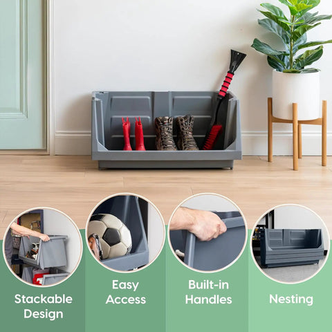 Six Pack Dark Gray Open Front Storage Totes With Oversized Handles Built Like A Tank Heavy Duty Stackable Plastic Bins Mega Capacity For Garage Gear And Home Drop Zones Shed Interlocking Top Shelf Design with boots and cleaning tools.