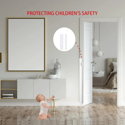 Door Pinch Guard For Babies And Kids Heavy Duty Door Hinge Cover in use preventing door pinches, baby playing nearby.