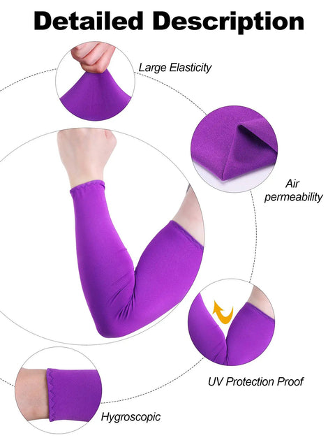 Unisex UV Protection Arm Sleeves Set 12 Pairs Long Cooling Cover For Outdoor Adventures feature detail, purple sleeve, large elasticity, UV proof