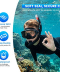 Diver using Three Window Panoramic Snorkel Mask For Grown Ups With Anti Fog Scratch Resistant PC Lenses And Liquid Silicone Skirt