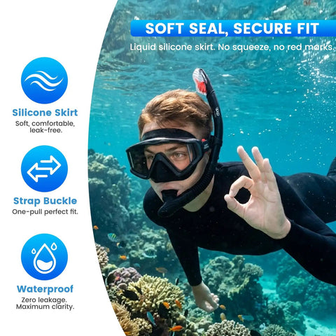 Diver using Three Window Panoramic Snorkel Mask For Grown Ups With Anti Fog Scratch Resistant PC Lenses And Liquid Silicone Skirt