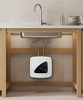 110V Plug And Play Mini Tank Water Heater 3.96 Gallon Under Sink Kitchen Instant Hot Booster installed under a kitchen sink.