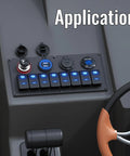 Beefy 8 Gang 12V Marine Boat Switch Panel Waterproof With Blue LED Lights Rocker Toggle Panel mounted on a boat dashboard.