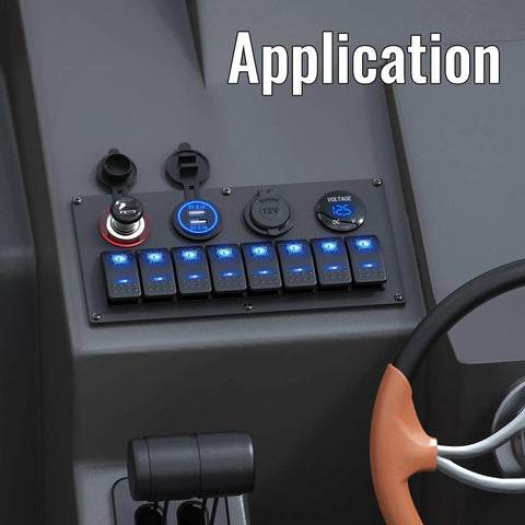 Beefy 8 Gang 12V Marine Boat Switch Panel Waterproof With Blue LED Lights Rocker Toggle Panel mounted on a boat dashboard.