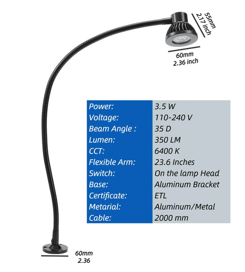 Flexible 24 Inch Gooseneck LED Work Light Button Switch For Lathe Milling Machines Built Tough For The Daily Grind Industrial Bench Lamp with adjustable arm.