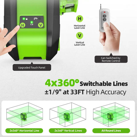 4x360 Self Leveling Laser Level With 60 Inch Tripod, Outdoor Pulse Mode And 16 Green Laser Lines For Tiling Ceiling And Wall Work, Super Bright 100 Ft Visibility, Plus Or Minus One Ninth Inch Accuracy, Ideal For DIY Renovation. Green laser level with touch panel and remote control