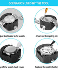Pro Grade 151 Tools Watch Repair Kit For Battery Replacement And Strap Removal showing scenarios: adjust fixator, push spring pin, pry back cover, replace battery