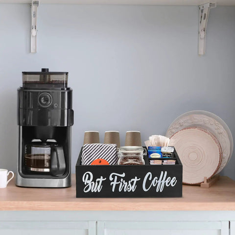 Boss Farmhouse Style Coffee Station Organizer with four compartments on countertop holding cups and coffee supplies, black rustic wood.