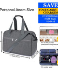 Grey 17 Inch Personal Item Gym Bag with wet pocket, trolley sleeve, fits under airplane seat, quick access for passports, boarding passes.
