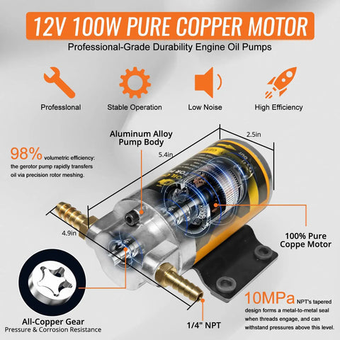 No Sweat All In One Electric Oil Change Extractor Pump Kit 12V 24V with 100W copper motor and aluminum alloy body.