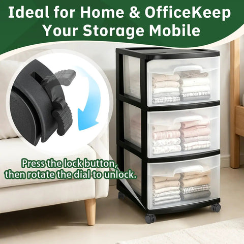 Quick Fix Snap Replace Casters For Sterilite 3 Drawer Cart with black push-in wheels and fabric storage, easy install and mobile design.