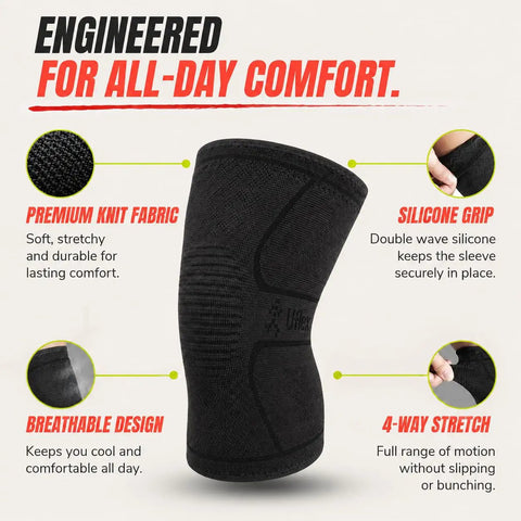 Gym Rat Approved Unisex Compression Knee Support Sleeve Boasting Four Way Stretch Fabric For Peak Flexibility And Serious Joint Armor During Heavy Lifting Sessions And Everyday Hustle In Sleek Black Medium Cut, showing knit fabric and silicone grip details.