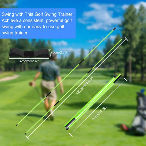 Retractable Golf Swing Trainer For Righty Players With Two Alignment Sticks displayed on a golf course.