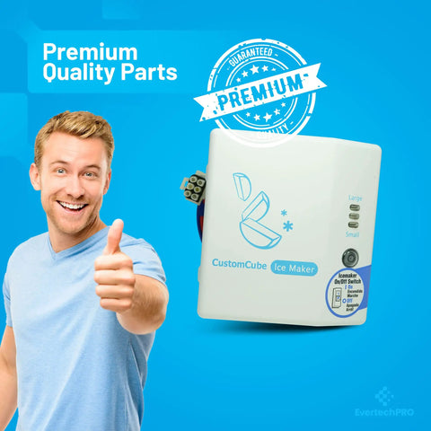 Man giving thumbs up next to EvertechPRO Ice Maker with Premium Quality Parts sticker, Ice Maker Assembly Kit Replacement For LG Refrigerator 5989JA0002N 5989JA0002U 5989JA0002P 2650757 Durable Premium OEM Equivalent Part For Easy Install And Fresh Ice Every Day display.