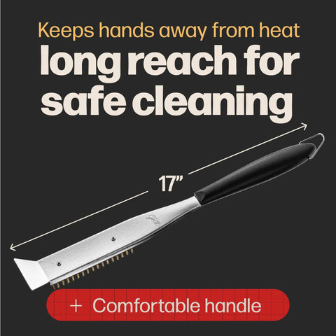 2 In 1 Pizza Oven Brush And Scraper For Quick Stone Cleaning With Stainless Steel Head, 17-inch long handle, outdoor oven cleaner