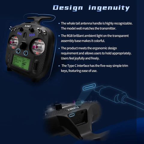 FS ST8 2.4GHz RC Transmitter With 10 Channels and FS SR8 Receiver shown with ergonomic design and interface details.