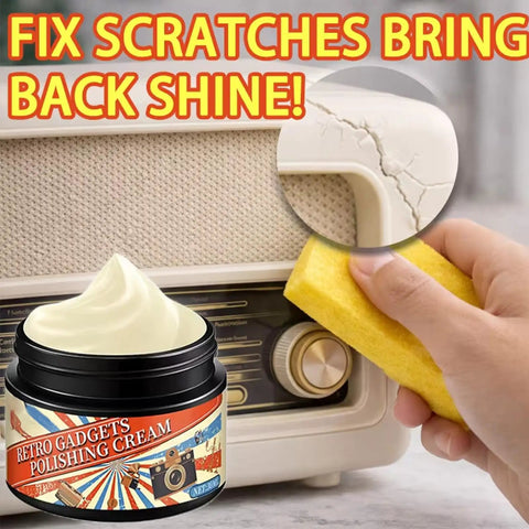Retro Gadgets Polishing Cream jar with person applying paste to vintage radio scratch for shine restoration