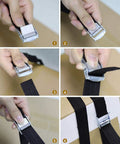 Close-up of Heavy Duty 2 Ft By 1 In Ratchet Strap Set With Cam Buckle showing cam buckle design and nylon webbing, black, 6 pack.